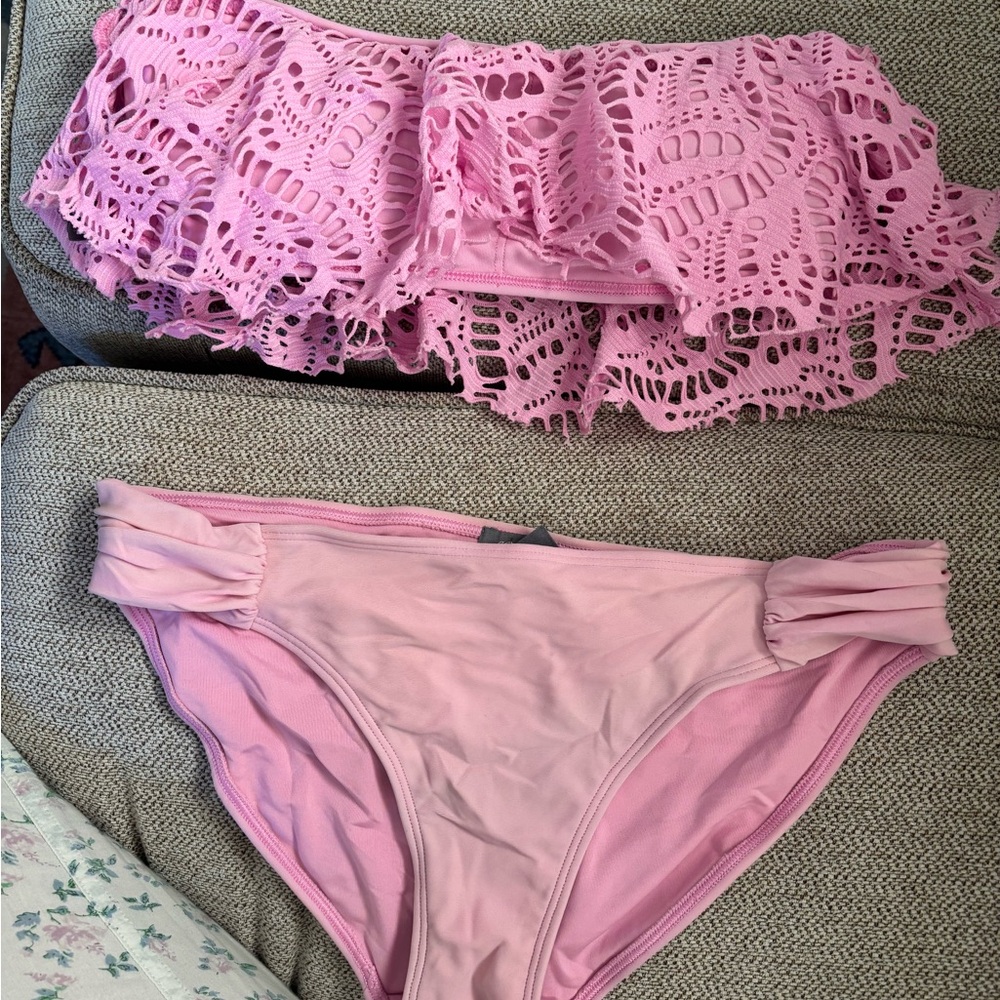aerie Pink Crochet Ruffle Bandeau Bikini Top with Matching Pink Bikini Bottoms